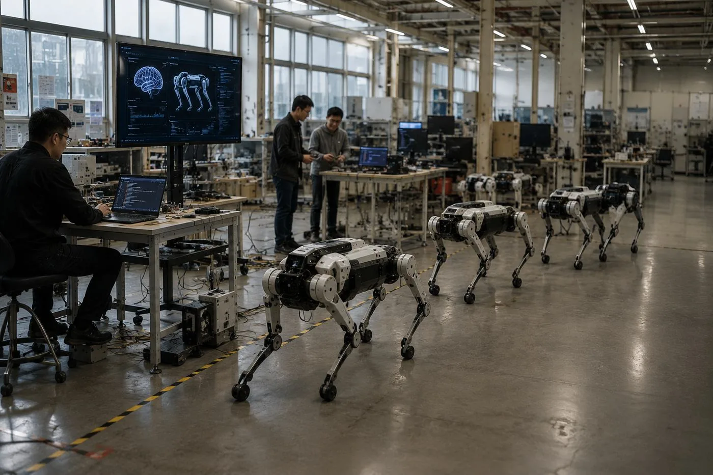 Quadruped robots on a factory floor