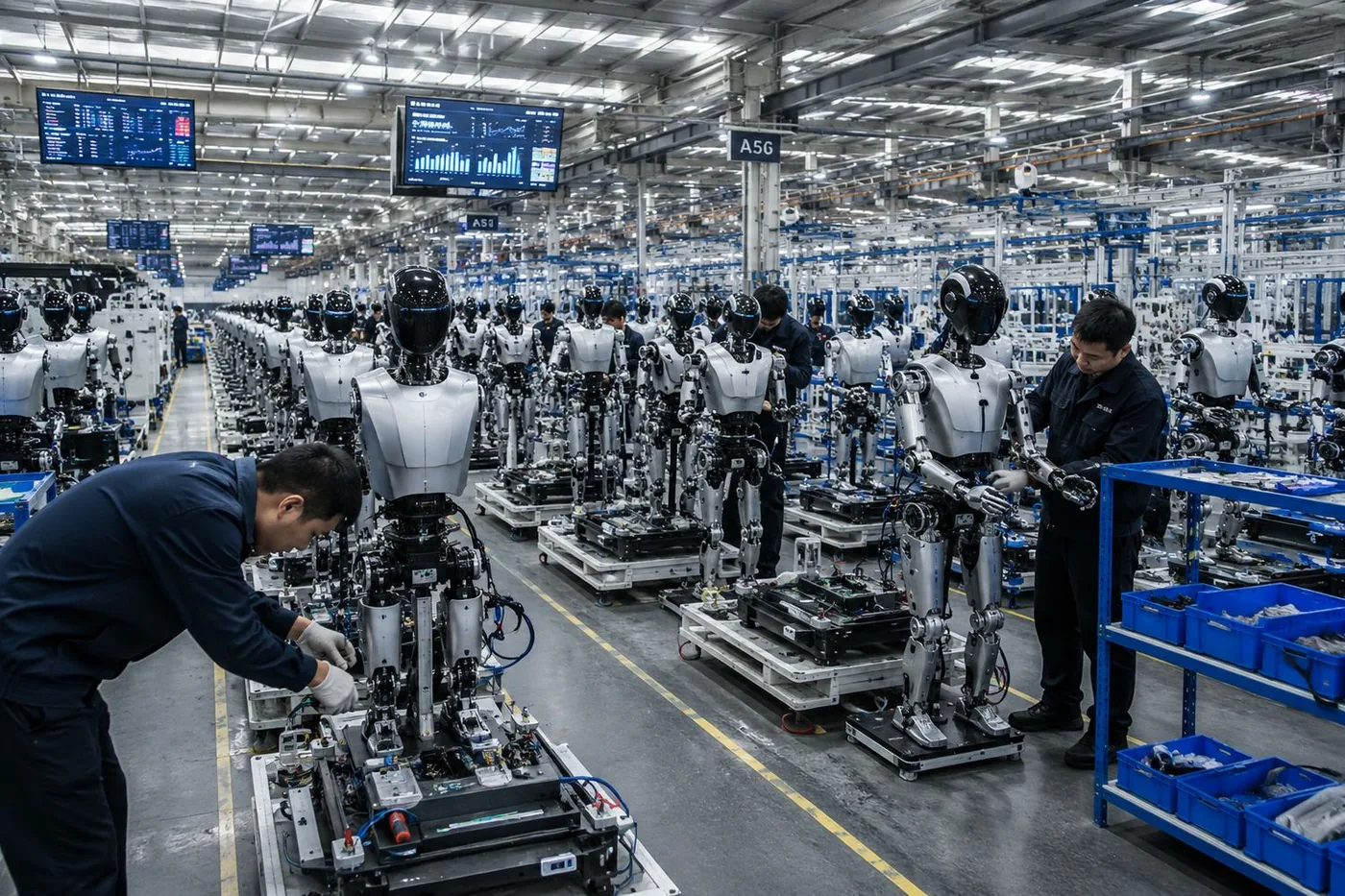Humanoid robots on an assembly line in a Chinese factory
